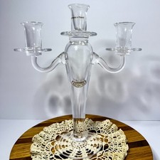 Vintage Clear Hand Blown Glass 3-Arm Candelabra Centerpiece - Made in Poland picture