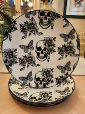 ZRIKE HALLOWEEN SKULL BUTTERFLY FLORAL SET OF 4 CERAMIC DINNER PLATES GOTHIC NEW picture
