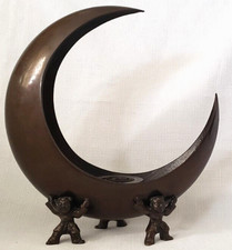 RARE Japan Bronze Half/Crescent Moon Kodo Incense Burner 3 Asian Figures,Takaoka picture