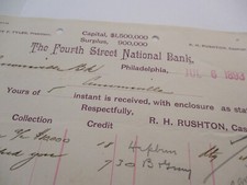 1893 FOURTH STREET NATIONAL BANK PHILADELPHIA DOCUMENT HANDWRITTEN LEDGER NOTES picture