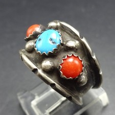 Vtg MILTON LASILOO Zuni TURQUOISE CORAL Sterling Silver CIGAR BAND RING size 7 picture