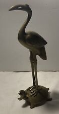 Antique Brass Longevity Crane Standing On Turtle Statue picture
