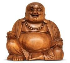 Wooden Laughing Buddha Statue Figurine Hand Carved Happy Lucky Prosperity Decor picture