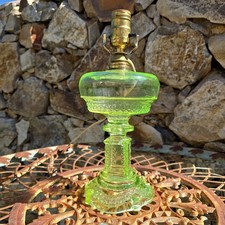 Antique EAPG Canary Vaseline Uranium Glass Aquarius Kerosene Oil Lamp Rare 1890 picture