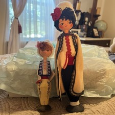 Vintage Wood & Cloth Bulgarian Folk Art Dolls w/Hidden Rose Oil Vial picture