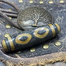 Ancient Tibetan Old Agate Dzi Beads Phoenix 3 Eyes Amulet Pendant 45×13mm #6300 picture