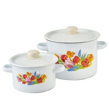Novomoskovsk Spring Tulip Enamel Stockpot Set Vintage Cooking Pots [2 qt, 5 qt] picture
