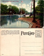Detroit MI Lake In Clark's Park American Flag Postcard 61389 picture