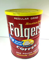 Rare Vintage Folger's Coffee Tin Can 1 lb Sailing Clipper Ship w/ Yellow Lid picture