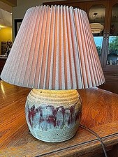 Vintage MCM Studio Art Pottery Table Lamp Signed by RICARD w/Designer Shade picture