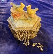 Vintage/Antique 900 Silver Filigree Rosary in a Lovebird Musical Trinket Box picture