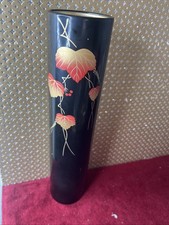 Japanese Wajima Black Lacquer Vase Leaves 10” picture