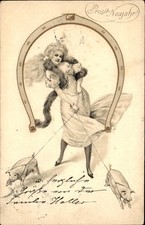 New Year's Woman with Horseshoe and Pigs c1900s-10s Vintage Postcard picture