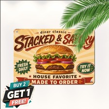 Stacked Hamburger Sunburst Diner Poster Decor Metal Decor Sign 8x12 picture