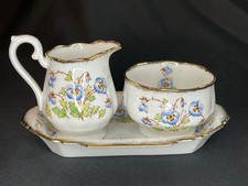 Vintage ROYAL ALBERT Blue Pansies Small Creamer, Open Sugar And Tray 3 Pc Set picture