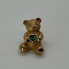 Golden tone teddy bear with rhinestone heart vintage logo pin picture