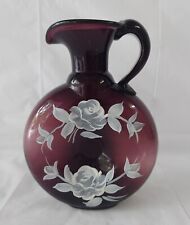 Vintage Fenton Depression Hand Blown Amethyst Pitcher Hand Painted By B.Thoruton picture