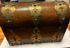 Antique Victorian Burr Walnut Dome Top Box Brass Strapwork Marbled Paper Interio picture