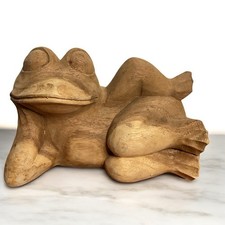 Hand Carved Wood Frog Statue Figurine Relaxing Lounge Toad Rustic Folk Art Decor picture