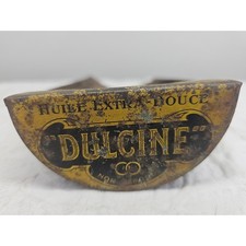 Dulcine Antique French Tin Oil Scoop Container Brown Yellow Fair Rustic Litho picture