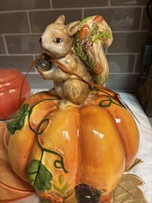 Blue Sky Harvest Bounty Squirrel Pumpkin Ceramic Figurine 8” Fall Decor NEW  picture