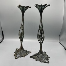 2 Large Art Nouveau Art Deco Candlesticks Floral Painted Bronze Style Finish picture