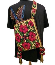 RARE Contemporary Huichol Textile Hand Embroidered Red Buganvillas Yellow Back picture
