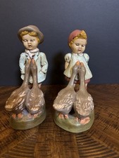 VTG Boy & Girl Figurines w/ Geese 8” Children Chalkware Resin? Country Farm picture