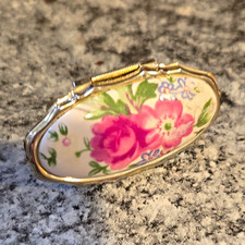 Vintage Floral Porcelain Lipstick Holder Case w/ Metal Frame picture