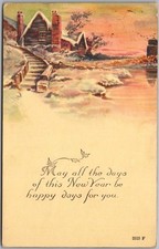 Vintage 1910s HAPPY NEW YEAR Postcard Winter House Scene / F.A. Owen - picture