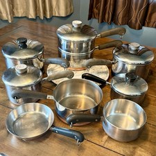 14pc VTG Revere Ware Copper Bottom Cookware Set Pots Pans Lids USA Stainless picture