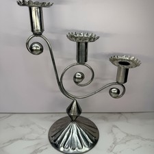 Vintage Mexican Punched Tin Candelabra Single 3-Arm Candle Holder Silver Patina picture