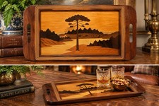 Vintage BONATTO Wood Marquetry Araucaria Tree Serving Tray 16” X 9” Brazil~EEUC picture