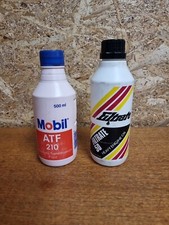 2x Vintage Plastic Oil Bottle Tin Can Filtrate 50 Heavy Engine Oil Mobil Atf 210 picture