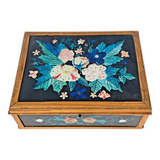 Vintage Mid Century Floral Glass Jewelry Box Foilwork Trinket Box picture