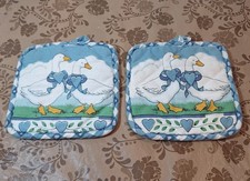 Vtg Pr of Goose Potholders Blue Country Ribbon Geese Farmhouse Decor Franco 6.5