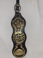 Black Leather Strap w 3 Brass Horse Medallions. Prince of Wale's, Libra, Noah's  picture