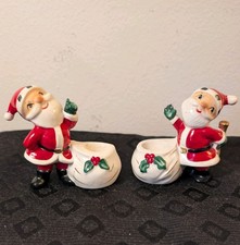 Pair vintage 1958 Holt Howard Japan ceramic Christmas Santa Candlestick Holders picture