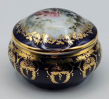 Limoges Cobalt Blue with Gold Accents Floral Lid Trinket Box  2 1/2