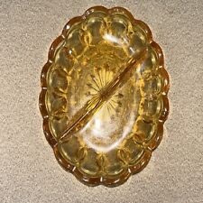 MCM Amber Gold Thumbprint Starburst Pressed Glass Divided Candy Relish Dish 7” picture