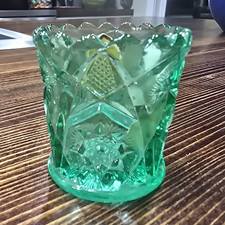 Vintage Kemple Sea Green Pressed Glass Toothpick Holder Round Scalloped Rim picture