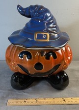 Vintage Pottery Large Halloween Witch Pumpkin Cookie Jar/ Candy Jar  picture