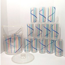 14pc Vtg HJ Stotter MCM Acrylic/Lucite Stripe Highball Tumblers-Ice Bucket-Lid picture