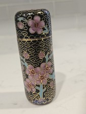 Vintage Chinese Cloisonne Enamel Cylindrical Lidded Box Floral Black 4