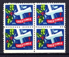 US 1949 CHRISTMAS SEALS BLOCK OF 4  EFO MISSING PERFS sc# WX146 MNH OG   H1881 picture