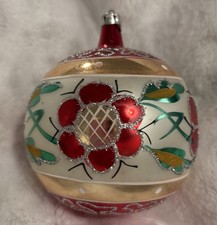 VTG Blown Glass Glitter FLOWER Jumbo 12” aroundBALL Christmas Ornament Poland picture