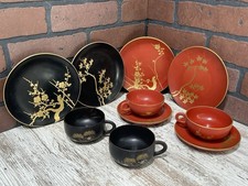 Japanese Lacquerware Appetizer Plates Saucers Cups—Lot Of 10—Red Black Vintage picture