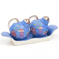 Vintage SALT & PEPPER Shakers w/ Lake PAGODA Moriage and Tray OCCUPIED JAPAN picture