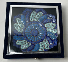 Persian Blue Enamel Minakari Wall Hanging Copper Plate In Velvet Box 8