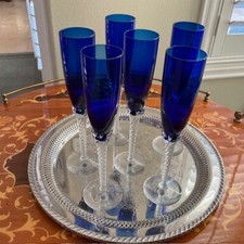 VTG Colony Pirouette Cobalt Blue Flutes w/Twisted Clear Stems Sets of 6 picture
